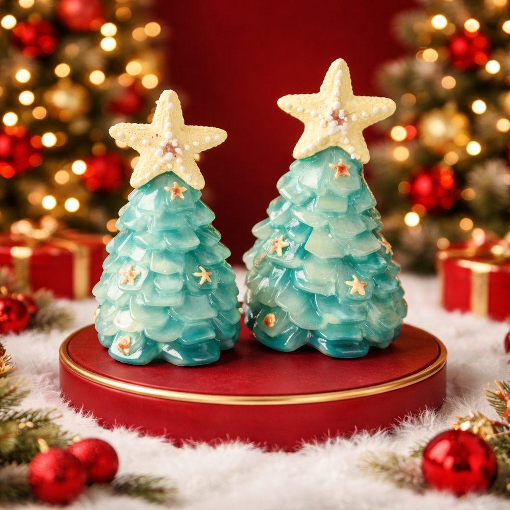 Pair Of Resin/Seaglass Vintage Costal  Christmas Trees